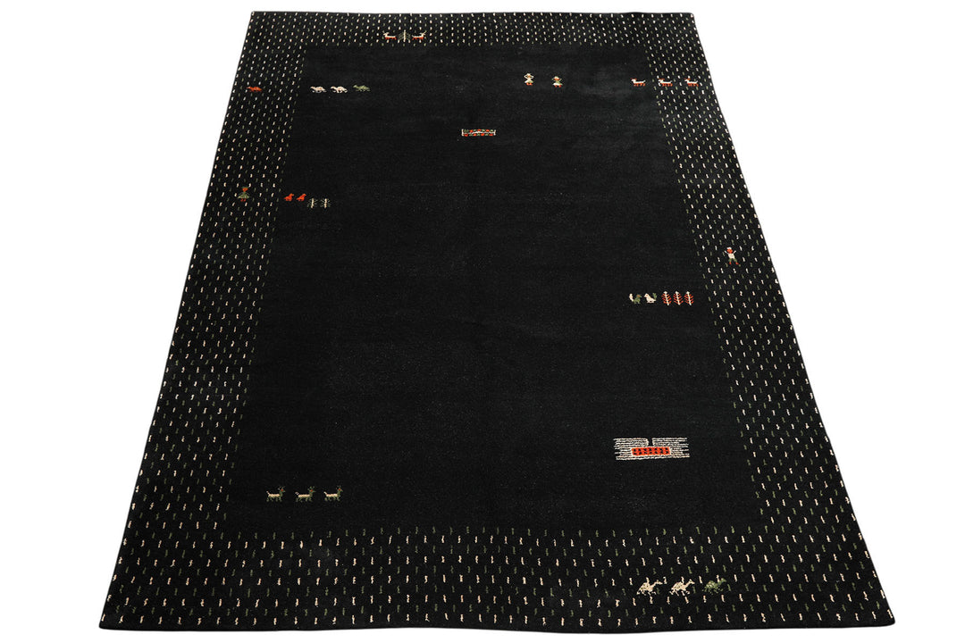 8x11 Black, Ivory, Green Color Hand Knotted Gabbeh Wool Modern &amp; Contemporary Oriental Rug