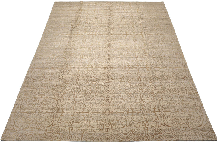 Celeste Rugs  10'x13'9" Beige Hand-Knotted Tibetan Wool & Silk Transitional Oriental Area Rug