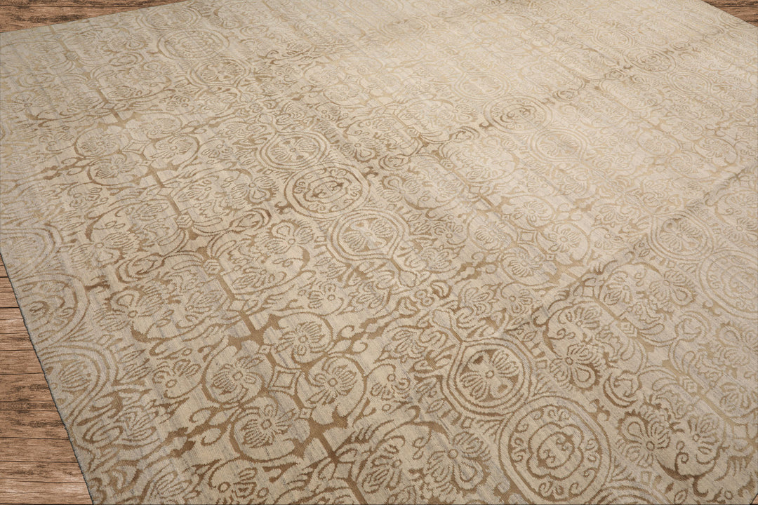 Celeste Rugs  10'x13'9" Beige Hand-Knotted Tibetan Wool & Silk Transitional Oriental Area Rug