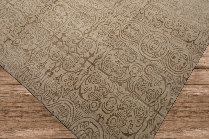 Celeste Rugs  10'x13'9" Beige Hand-Knotted Tibetan Wool & Silk Transitional Oriental Area Rug