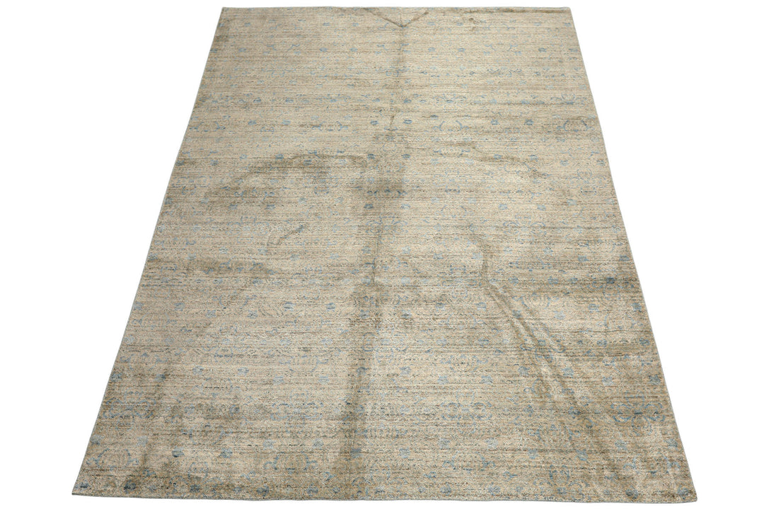 8x10 Beige, Gray, Aqua Color Hand Loomed Oushak Wool &amp; Bamboo Silk Transitional Oriental Rug