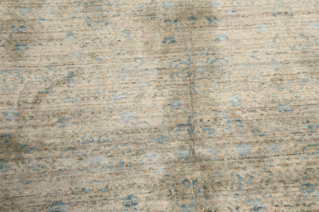 8x10 Beige, Gray, Aqua Color Hand Loomed Oushak Wool &amp; Bamboo Silk Transitional Oriental Rug