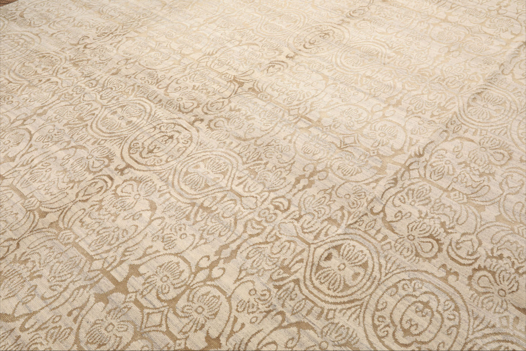 Celeste Rugs  10'x13'9" Beige Hand-Knotted Tibetan Wool & Silk Transitional Oriental Area Rug
