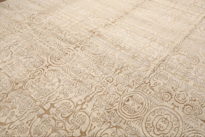 Celeste Rugs  10'x13'9" Beige Hand-Knotted Tibetan Wool & Silk Transitional Oriental Area Rug