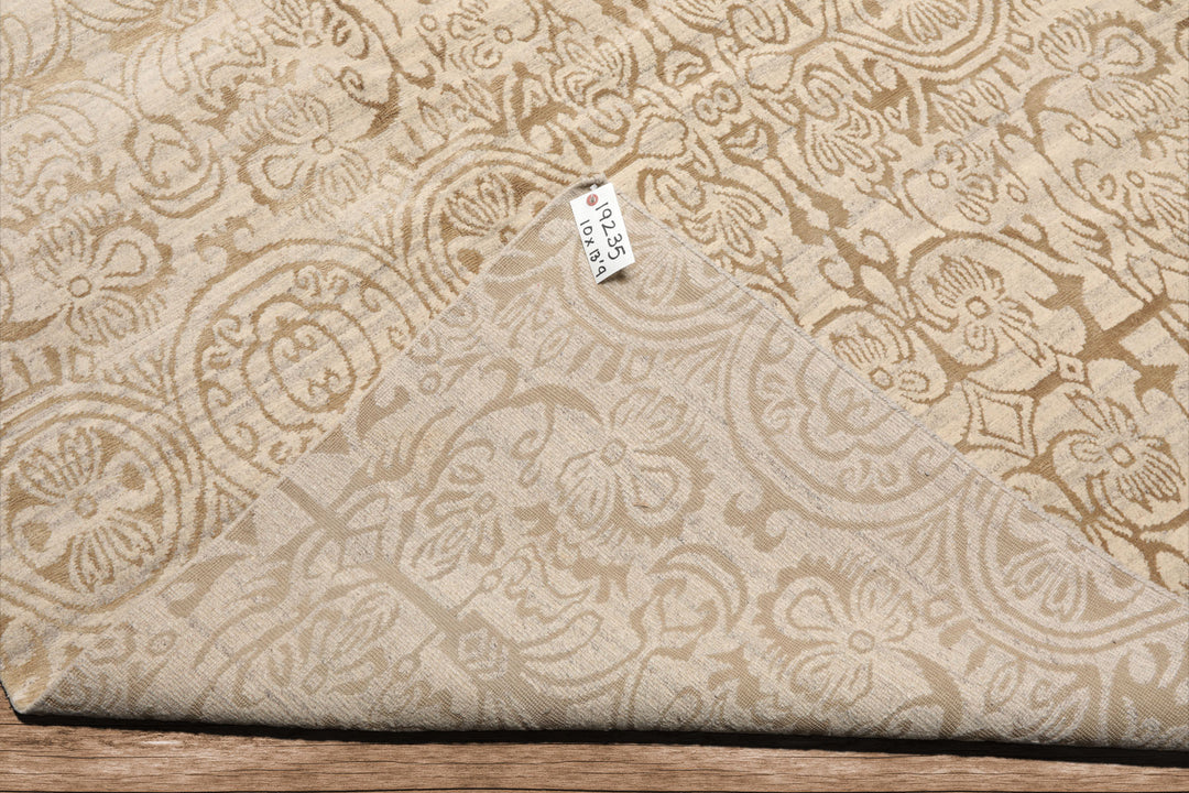 Celeste Rugs  10'x13'9" Beige Hand-Knotted Tibetan Wool & Silk Transitional Oriental Area Rug