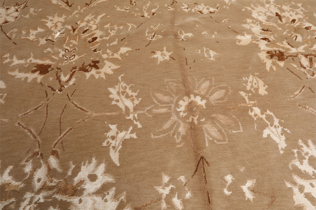 8x11 Beige, Tan, Ivory Color Hand Knotted Tibetan Wool &amp; Bamboo Silk Transitional Oriental Rug