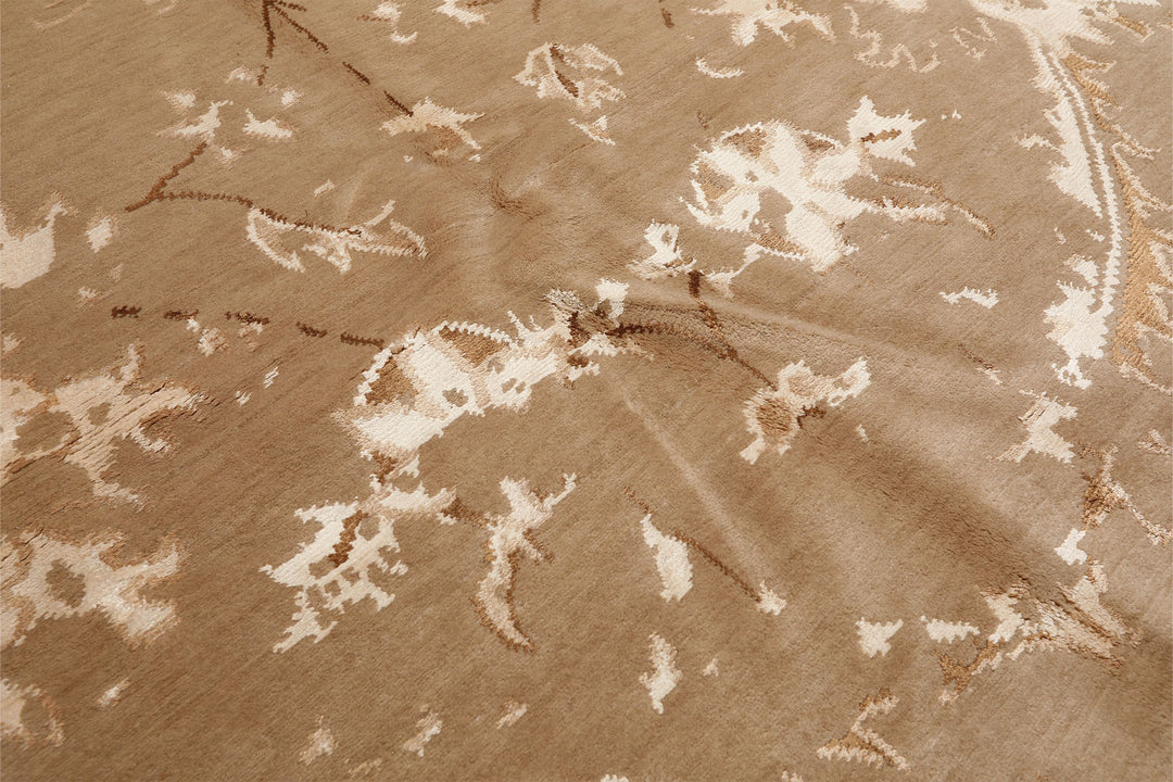 8x11 Beige, Tan, Ivory Color Hand Knotted Tibetan Wool &amp; Bamboo Silk Transitional Oriental Rug