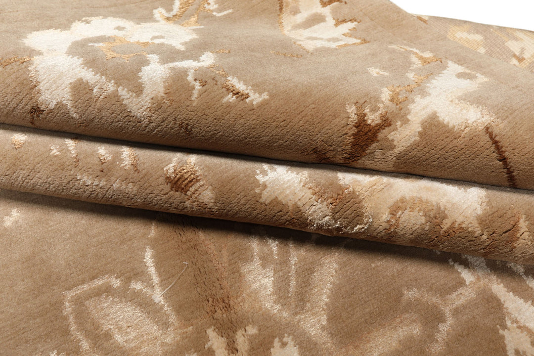 8x11 Beige, Tan, Ivory Color Hand Knotted Tibetan Wool &amp; Bamboo Silk Transitional Oriental Rug