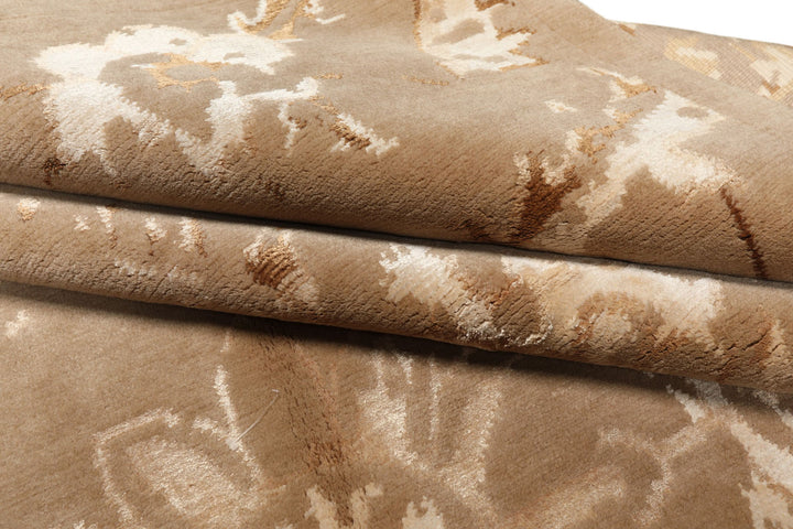 8x11 Beige, Tan, Ivory Color Hand Knotted Tibetan Wool &amp; Bamboo Silk Transitional Oriental Rug