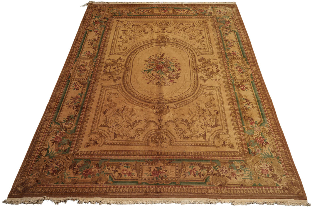 8x11 Tan, Rose, Brown Color Hand Knotted French Aubusson Savonnerie Wool Traditional Oriental Rug