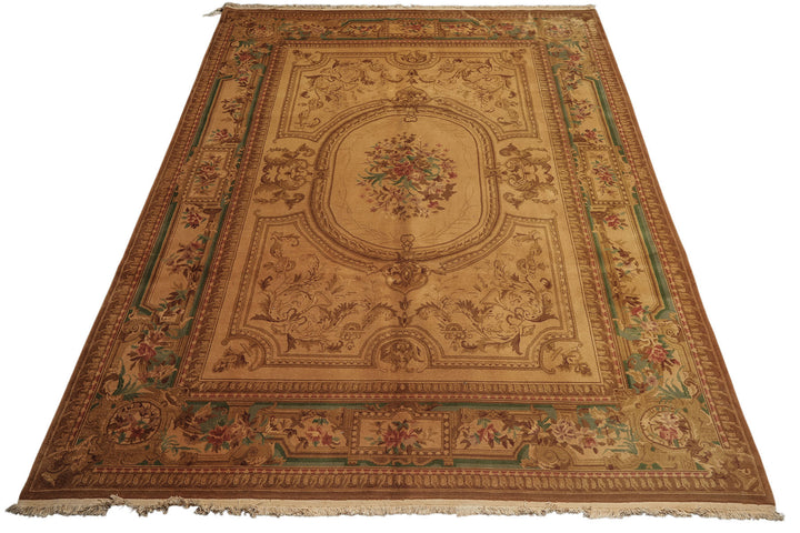 8x11 Tan, Rose, Brown Color Hand Knotted French Aubusson Savonnerie Wool Traditional Oriental Rug