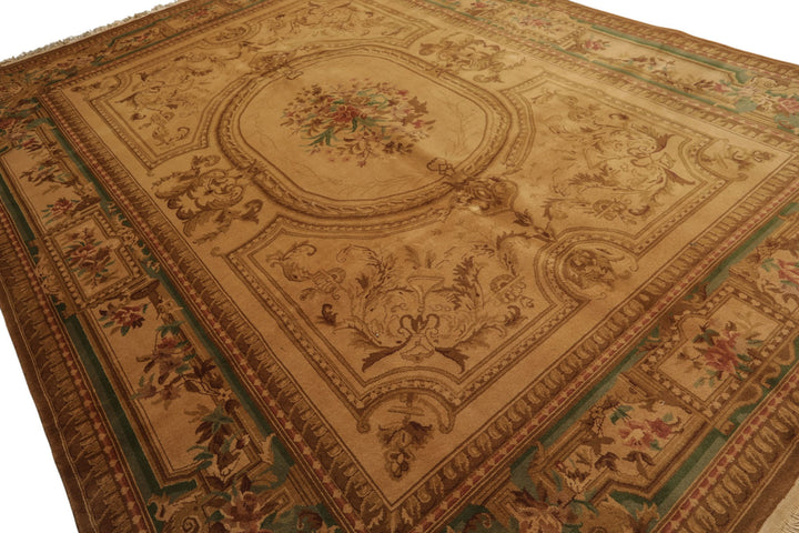 8x11 Tan, Rose, Brown Color Hand Knotted French Aubusson Savonnerie Wool Traditional Oriental Rug