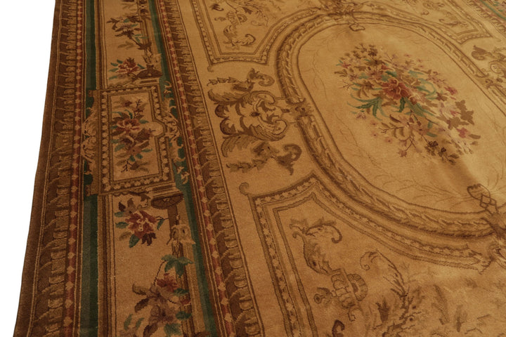 8x11 Tan, Rose, Brown Color Hand Knotted French Aubusson Savonnerie Wool Traditional Oriental Rug