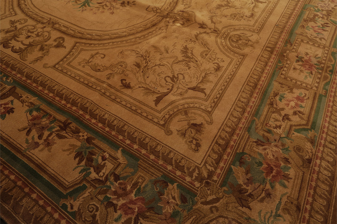 8x11 Tan, Rose, Brown Color Hand Knotted French Aubusson Savonnerie Wool Traditional Oriental Rug
