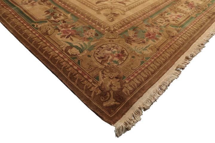 8x11 Tan, Rose, Brown Color Hand Knotted French Aubusson Savonnerie Wool Traditional Oriental Rug