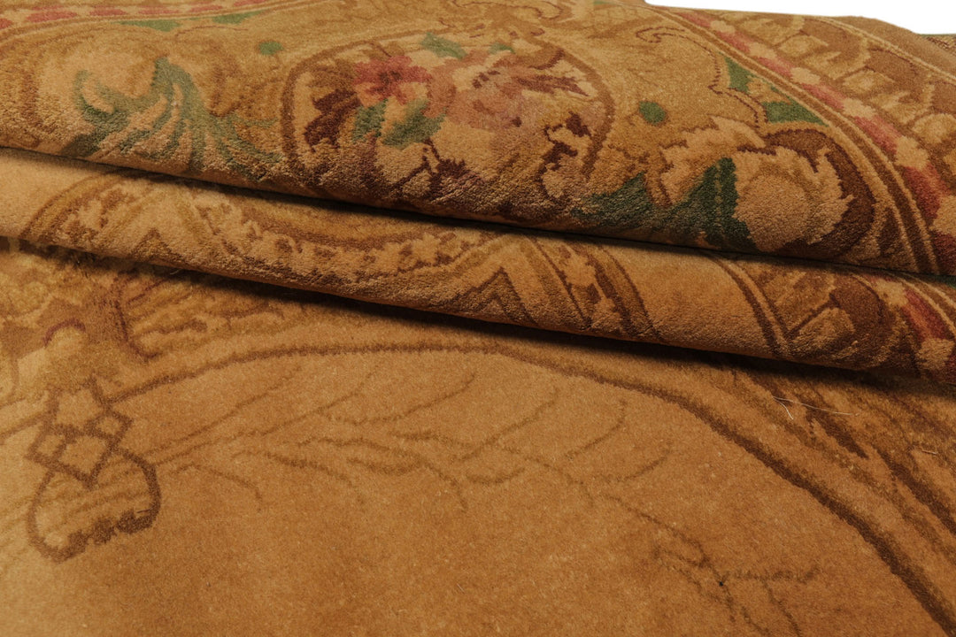 8x11 Tan, Rose, Brown Color Hand Knotted French Aubusson Savonnerie Wool Traditional Oriental Rug