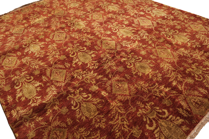 Multi Size Burnt Orange Gold Color Hand Knotted Agra Wool Transitional Oriental Rug