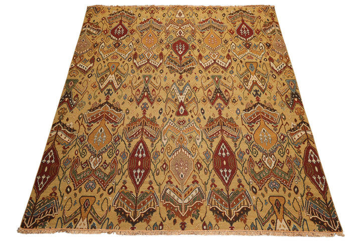 8x10 Light Gold, Rust, Sage Color Hand Knotted Soumak Wool Traditional Oriental Rug