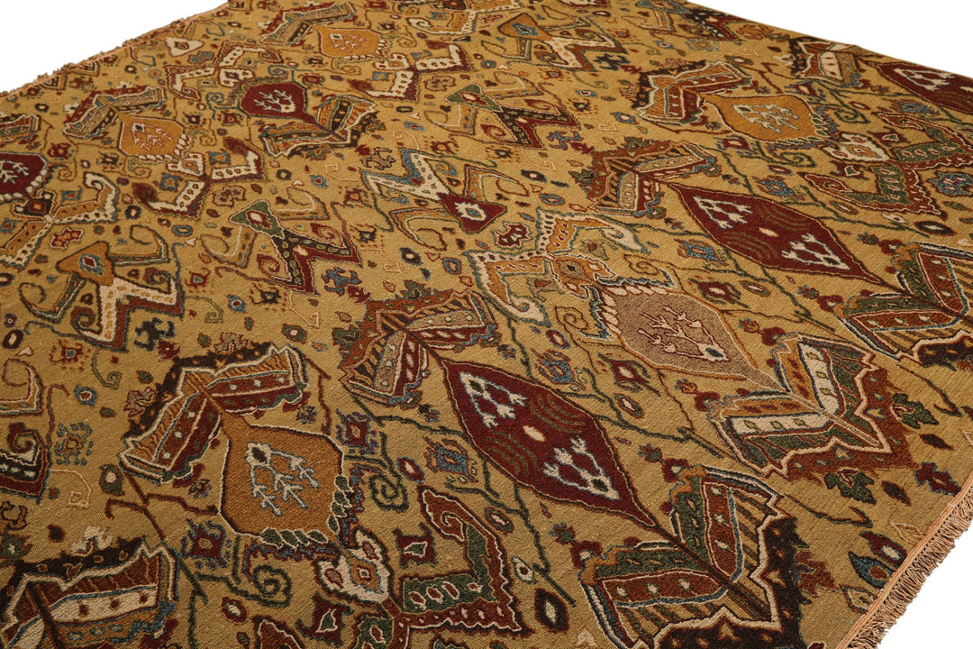 8x10 Light Gold, Rust, Sage Color Hand Knotted Soumak Wool Traditional Oriental Rug