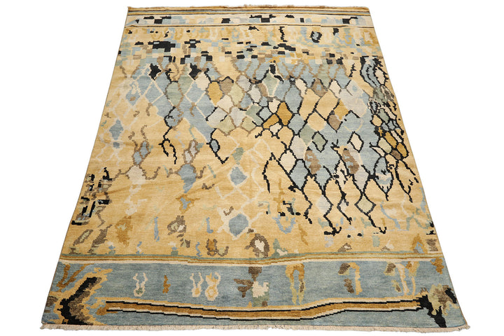 8x10 Light Gold, Aqua, Black Color Hand Knotted Oushak Wool Modern &amp; Contemporary Oriental Rug