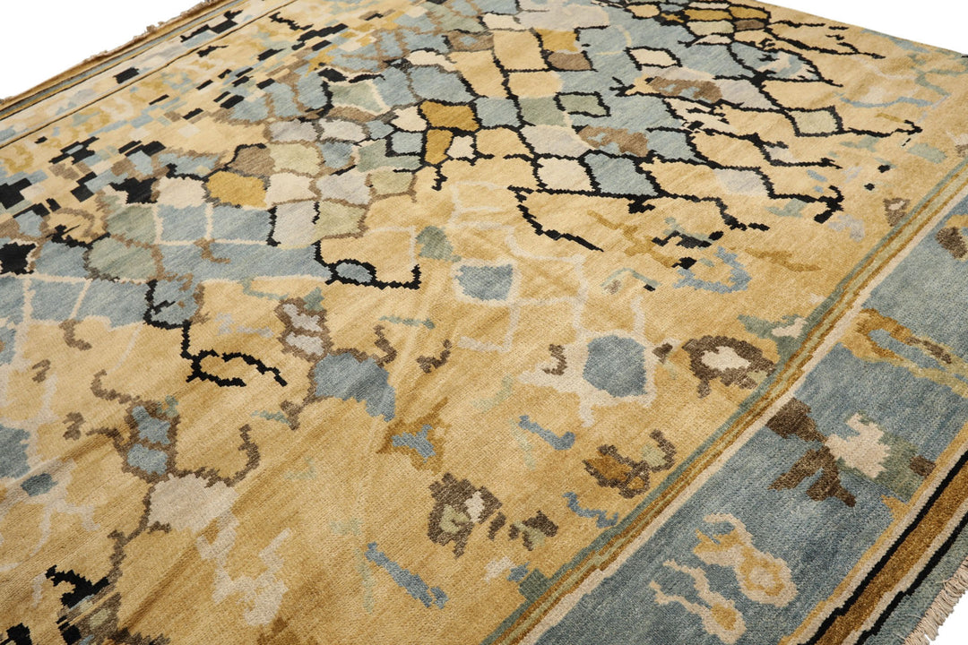 8x10 Light Gold, Aqua, Black Color Hand Knotted Oushak Wool Modern &amp; Contemporary Oriental Rug