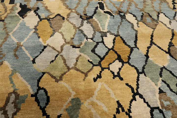 8x10 Light Gold, Aqua, Black Color Hand Knotted Oushak Wool Modern &amp; Contemporary Oriental Rug