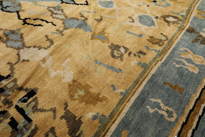 8x10 Light Gold, Aqua, Black Color Hand Knotted Oushak Wool Modern &amp; Contemporary Oriental Rug