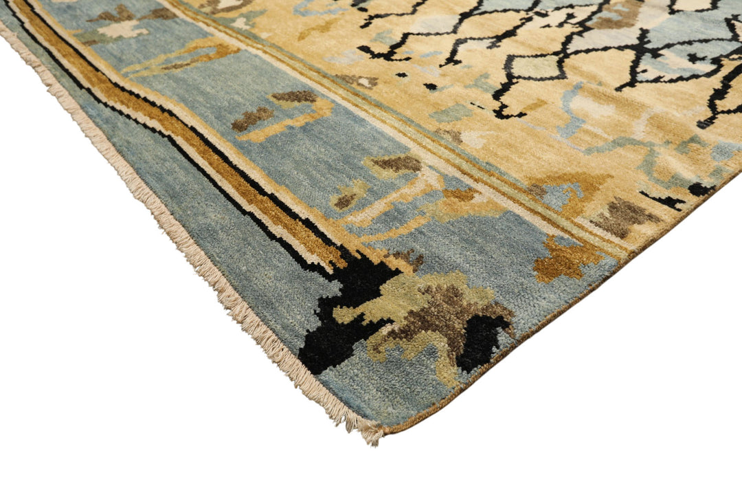 8x10 Light Gold, Aqua, Black Color Hand Knotted Oushak Wool Modern &amp; Contemporary Oriental Rug