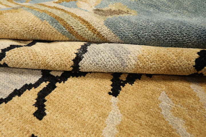 8x10 Light Gold, Aqua, Black Color Hand Knotted Oushak Wool Modern &amp; Contemporary Oriental Rug