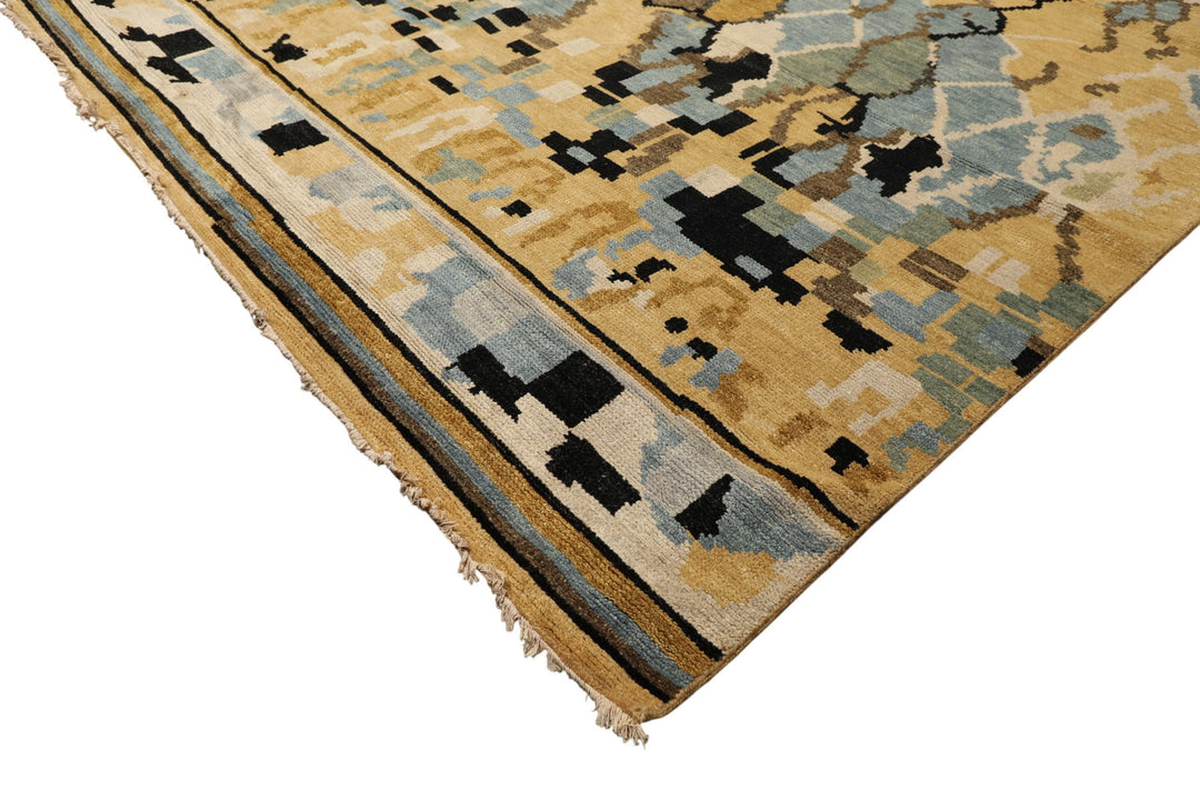 8x10 Light Gold, Aqua, Black Color Hand Knotted Oushak Wool Modern &amp; Contemporary Oriental Rug