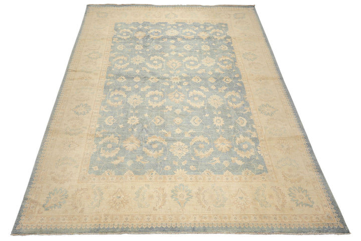 9x12 Aqua, Ivory, Tan Color Hand Knotted Chobi Peshawar Wool Traditional Oriental Rug