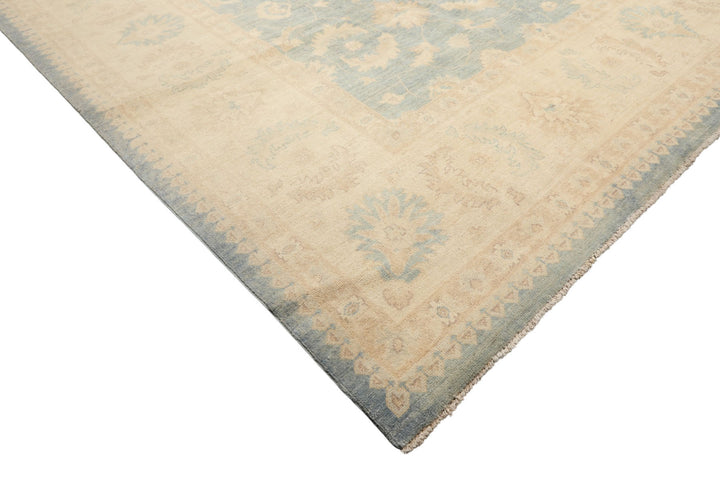 9x12 Aqua, Ivory, Tan Color Hand Knotted Chobi Peshawar Wool Traditional Oriental Rug