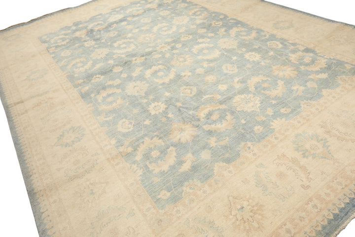 9x12 Aqua, Ivory, Tan Color Hand Knotted Chobi Peshawar Wool Traditional Oriental Rug