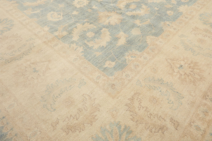 9x12 Aqua, Ivory, Tan Color Hand Knotted Chobi Peshawar Wool Traditional Oriental Rug