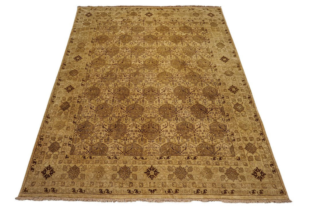9x12 Light Gold, Tan, Brown Color Hand Knotted Agra Wool Transitional Oriental Rug