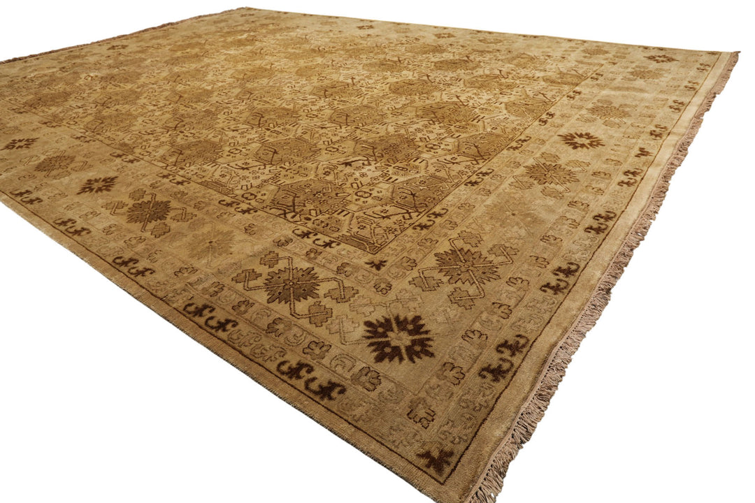 9x12 Light Gold, Tan, Brown Color Hand Knotted Agra Wool Transitional Oriental Rug