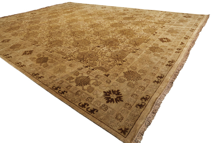 9x12 Light Gold, Tan, Brown Color Hand Knotted Agra Wool Transitional Oriental Rug