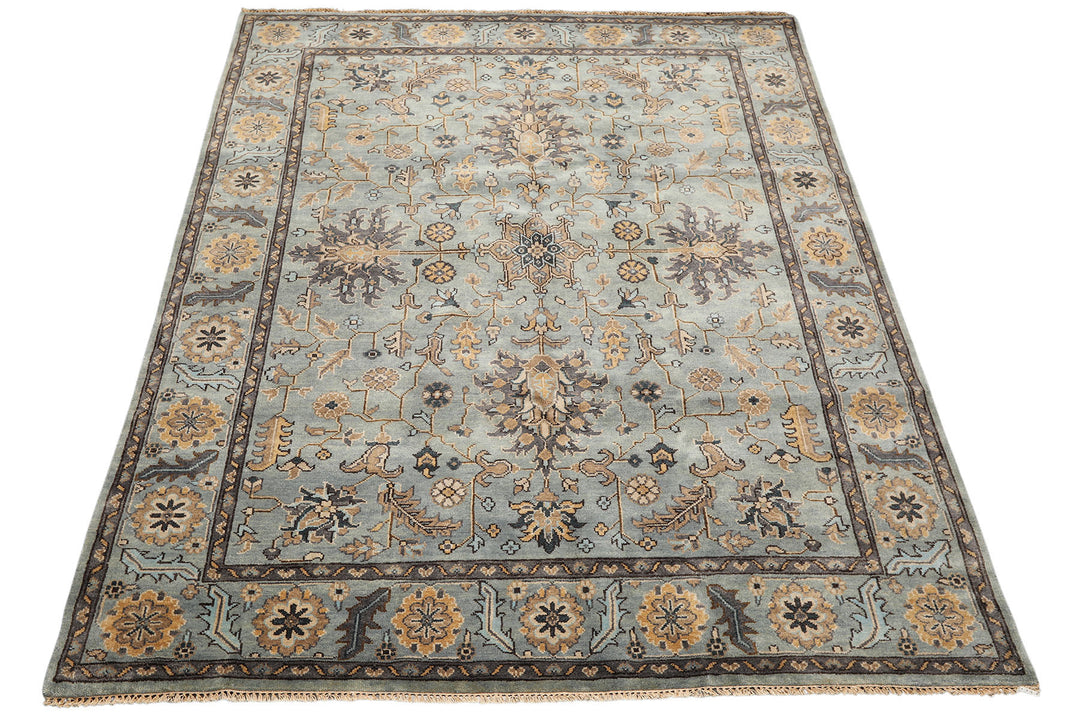 8x10 Aqua, Gray, Tan Color Hand Knotted Oushak Wool Traditional Oriental Rug