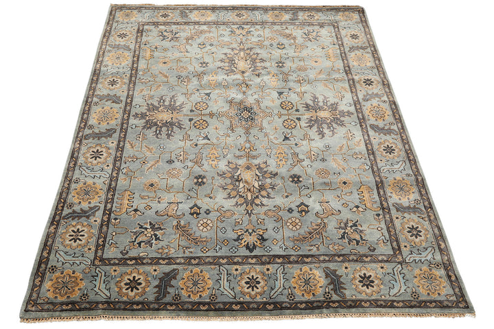 8x10 Aqua, Gray, Tan Color Hand Knotted Oushak Wool Traditional Oriental Rug