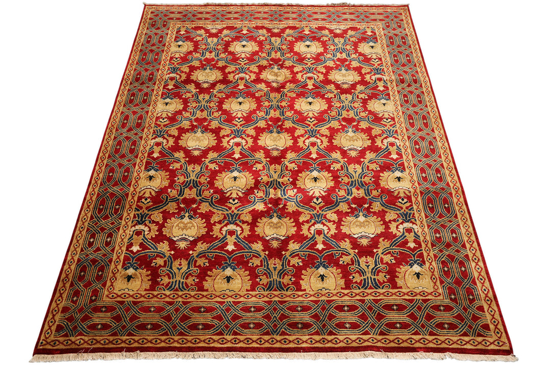 8x10 Red, Gold, Navy Color Hand Knotted Agra Wool Traditional Oriental Rug