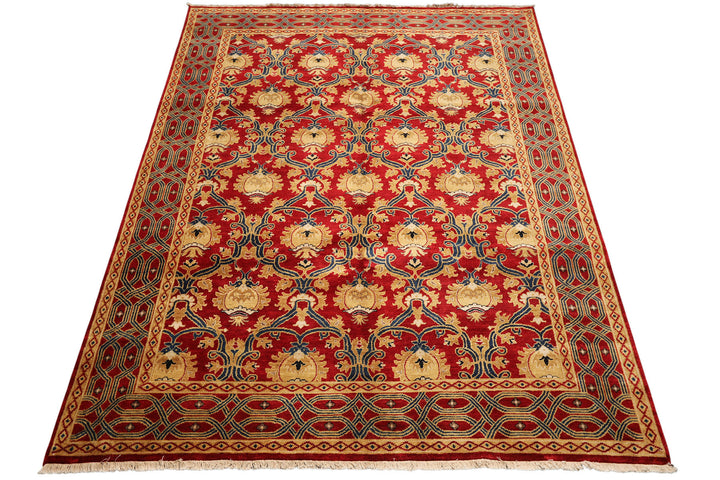 8x10 Red, Gold, Navy Color Hand Knotted Agra Wool Traditional Oriental Rug