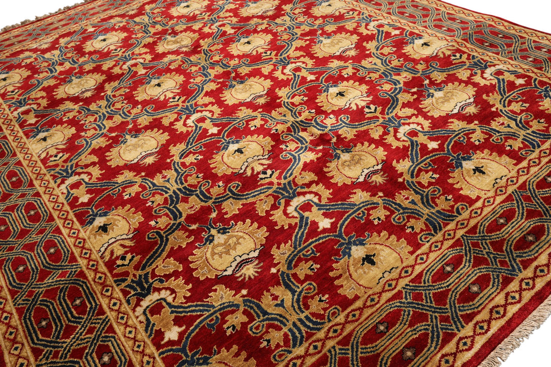8x10 Red, Gold, Navy Color Hand Knotted Agra Wool Traditional Oriental Rug