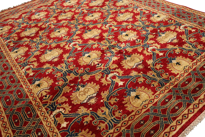 8x10 Red, Gold, Navy Color Hand Knotted Agra Wool Traditional Oriental Rug