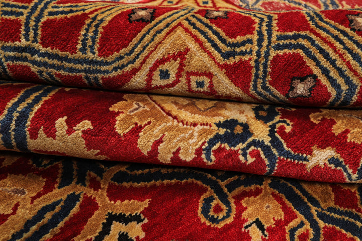 8x10 Red, Gold, Navy Color Hand Knotted Agra Wool Traditional Oriental Rug