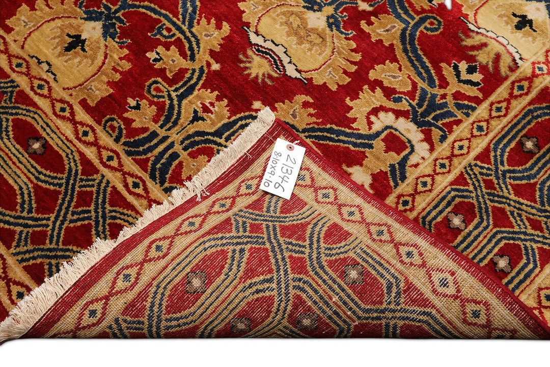 8x10 Red, Gold, Navy Color Hand Knotted Agra Wool Traditional Oriental Rug