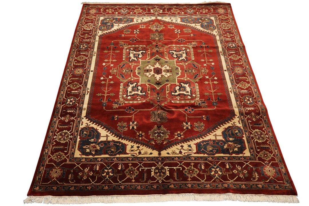 8x10 Rust, Maroon, Ivory Color Hand Knotted Indo Heriz Wool Traditional Oriental Rug