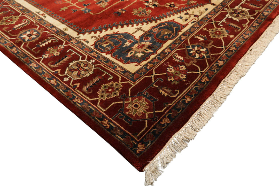 8x10 Rust, Maroon, Ivory Color Hand Knotted Indo Heriz Wool Traditional Oriental Rug
