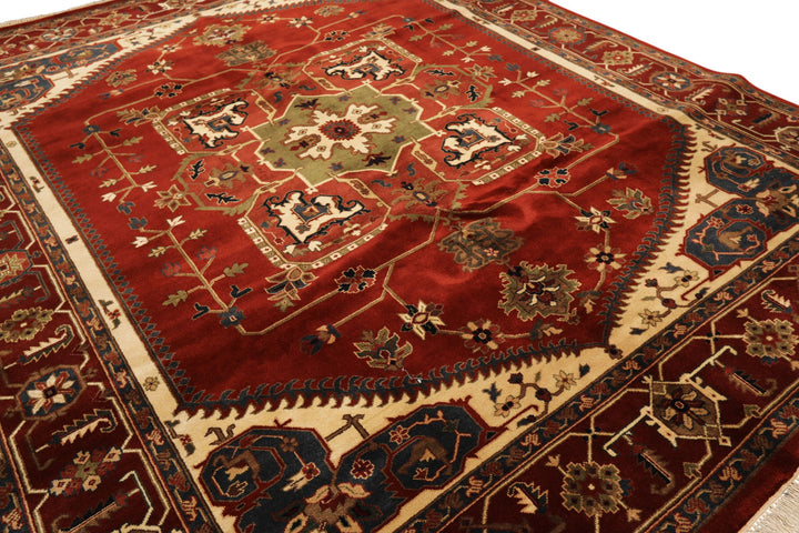 8x10 Rust, Maroon, Ivory Color Hand Knotted Indo Heriz Wool Traditional Oriental Rug