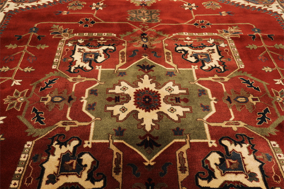 8x10 Rust, Maroon, Ivory Color Hand Knotted Indo Heriz Wool Traditional Oriental Rug
