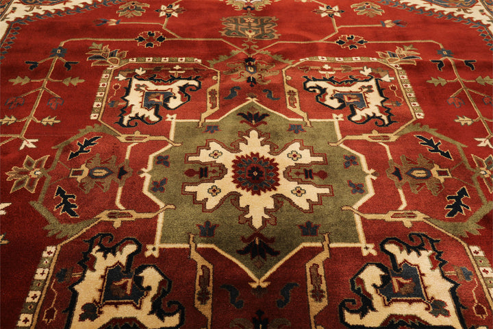 8x10 Rust, Maroon, Ivory Color Hand Knotted Indo Heriz Wool Traditional Oriental Rug